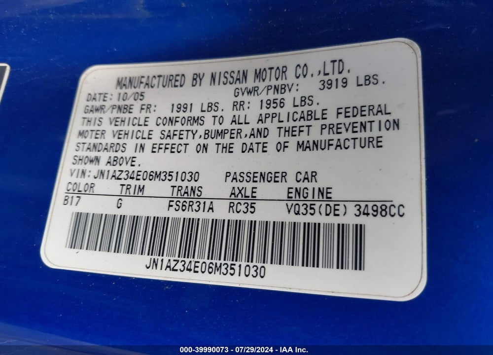 2006 NISSAN 350Z ENTHUSIAST VIN: JN1AZ34E06M351030