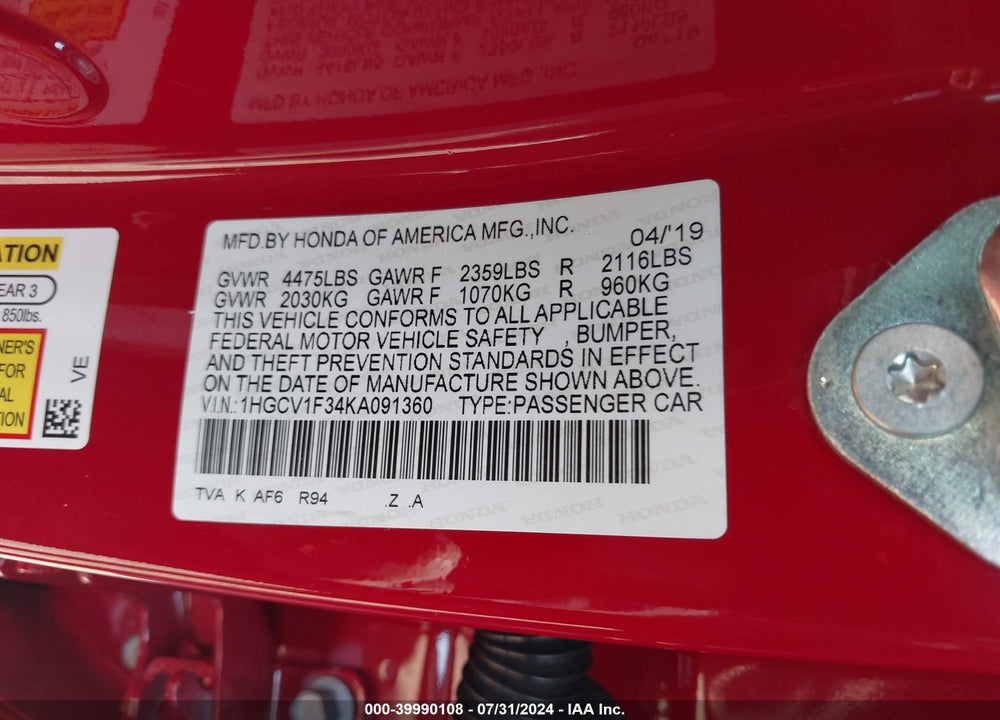2019 HONDA ACCORD SPORT VIN: 1HGCV1F34KA091360