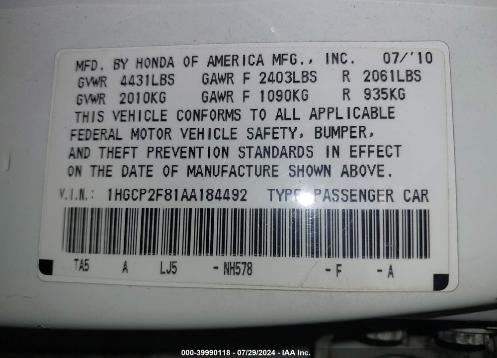 2010 HONDA ACCORD SDN 2.4 EX-L/EX-L VIN: 1HGCP2F81AA184492