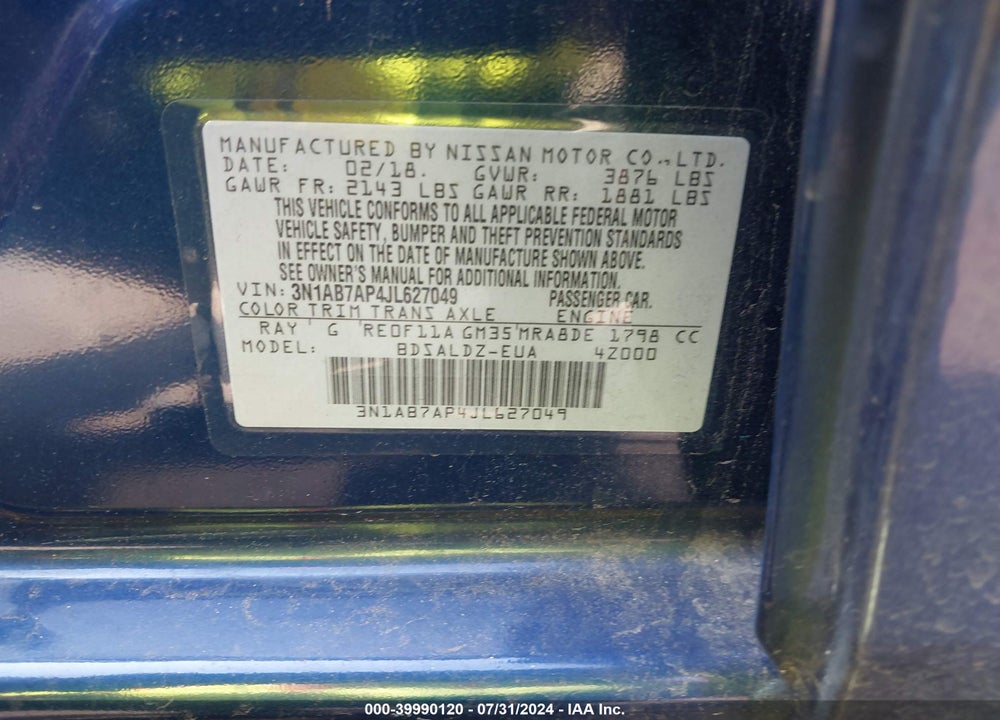 2018 NISSAN SENTRA SV VIN: 3N1AB7AP4JL627049