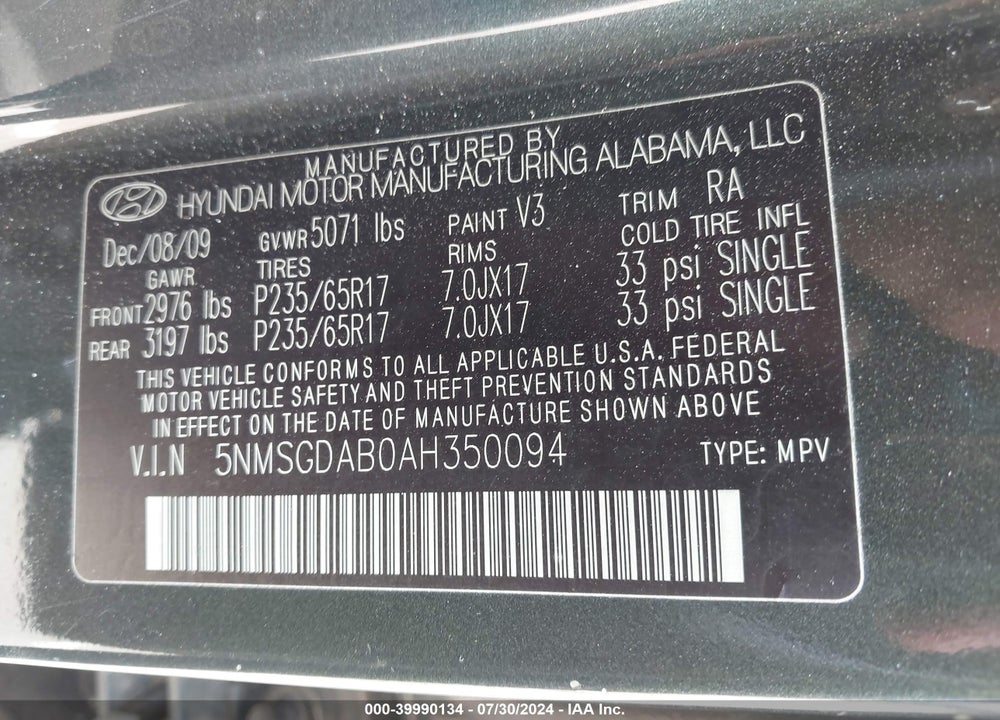 2010 HYUNDAI SANTA FE GLS VIN: 5NMSGDAB0AH350094