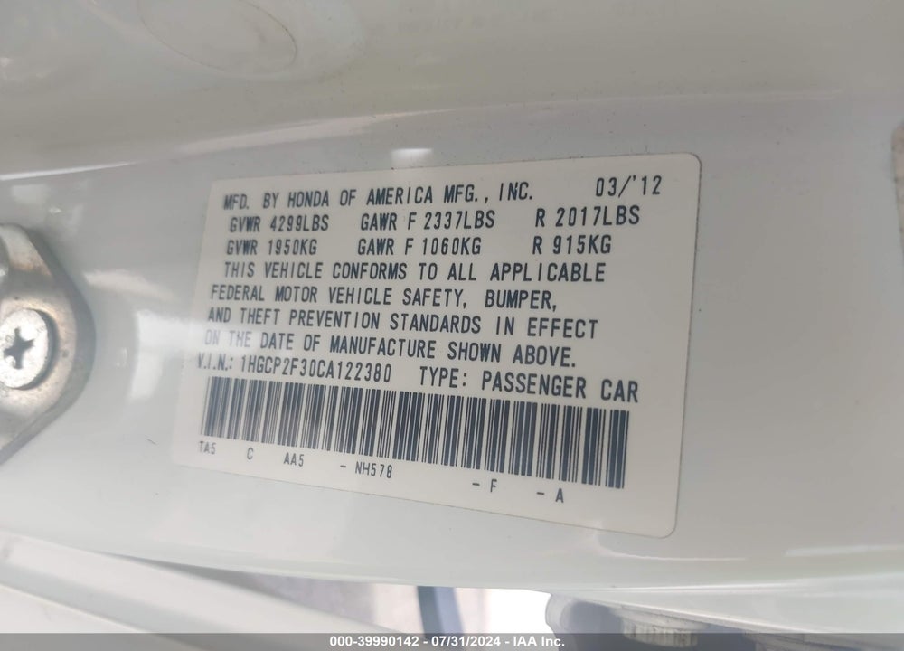 2012 HONDA ACCORD 2.4 LX VIN: 1HGCP2F30CA122380
