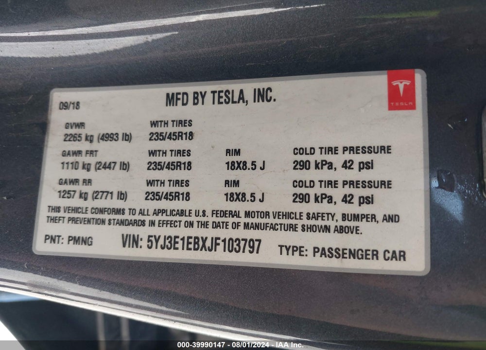 2018 TESLA MODEL 3 LONG RANGE/PERFORMANCE VIN: 5YJ3E1EBXJF103797