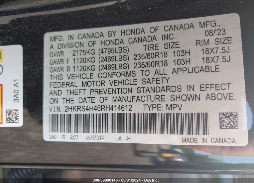2024 HONDA CR-V EX AWD VIN: 2HKRS4H46RH414612