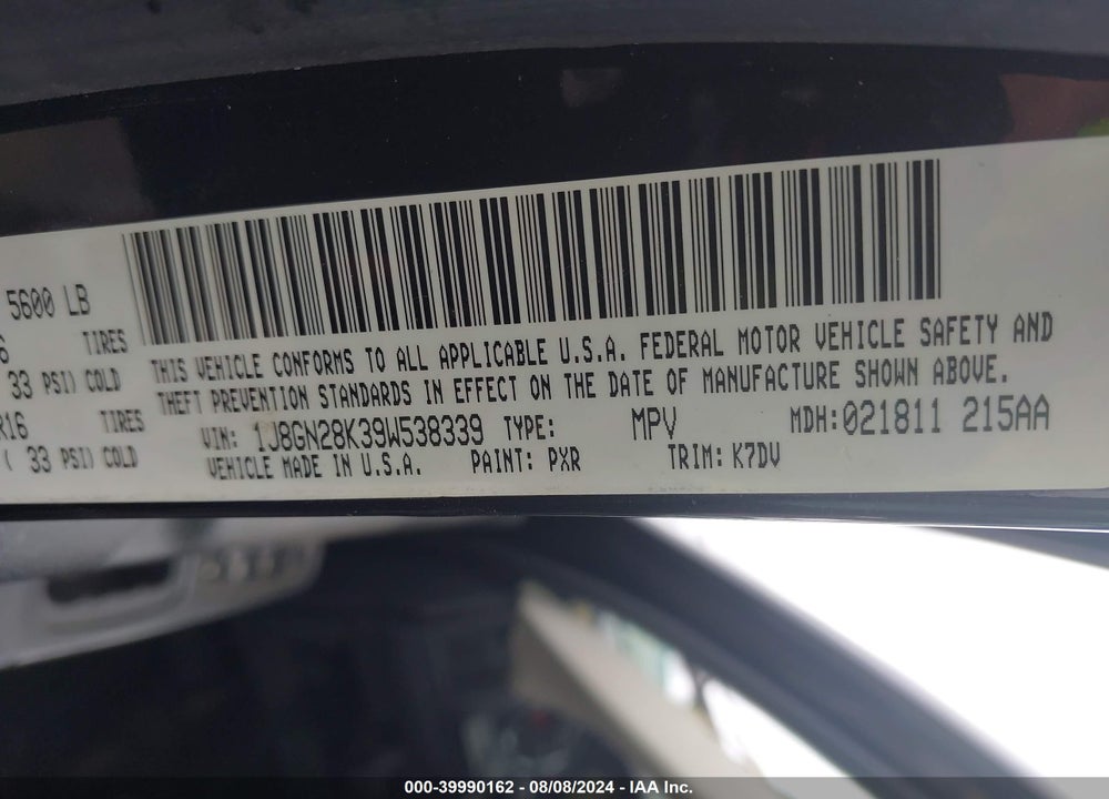 2009 JEEP LIBERTY SPORT VIN: 1J8GN28K39W538339