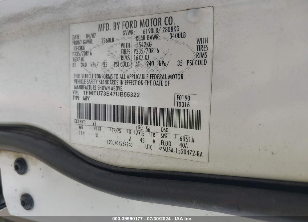 2007 FORD EXPLORER XLT VIN: 1FMEU73E47UB55322