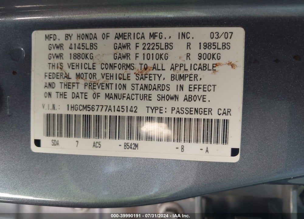 2007 HONDA ACCORD 2.4 EX VIN: 1HGCM56777A145142