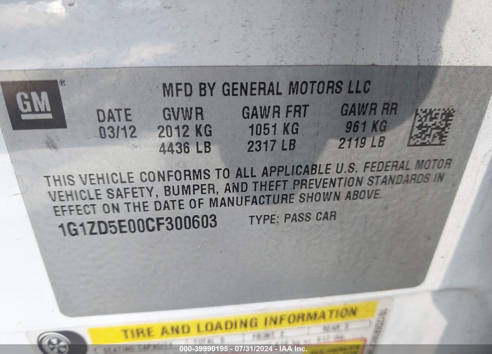 2012 CHEVROLET MALIBU 2LT VIN: 1G1ZD5E00CF300603