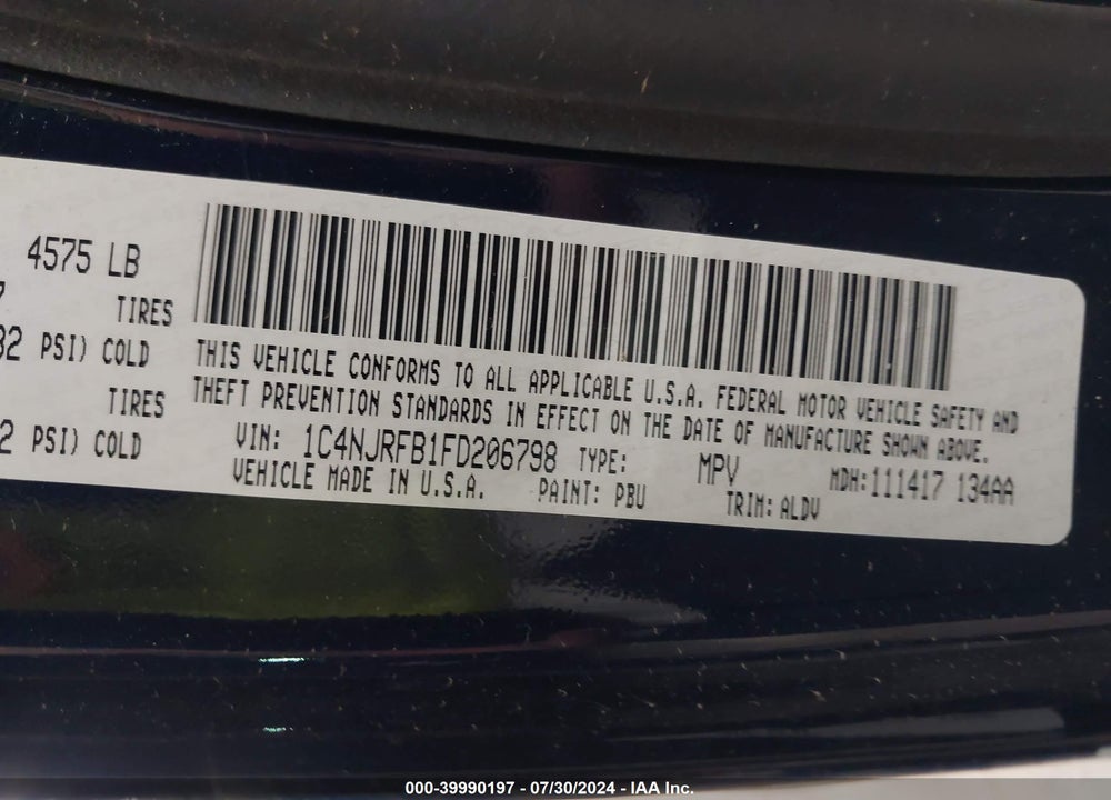 2015 JEEP PATRIOT HIGH ALTITUDE EDITION VIN: 1C4NJRFB1FD206798