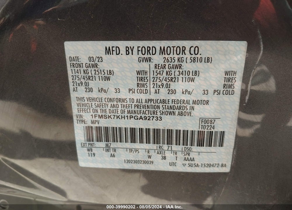 2023 FORD EXPLORER ST-LINE VIN: 1FMSK7KH1PGA92733