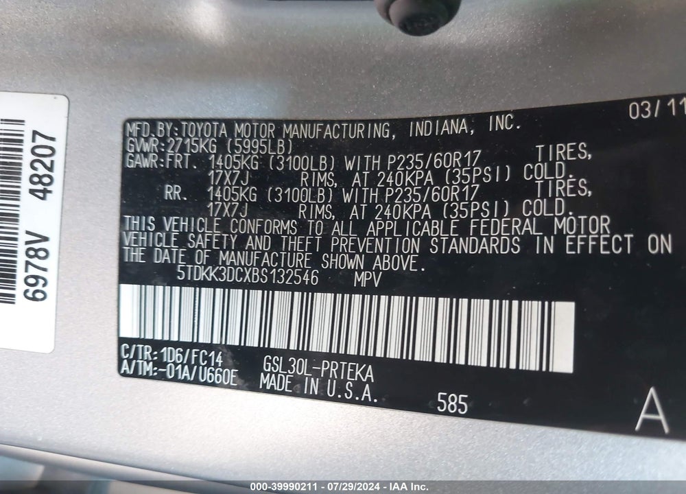 2011 TOYOTA SIENNA LE V6 VIN: 5TDKK3DCXBS132546