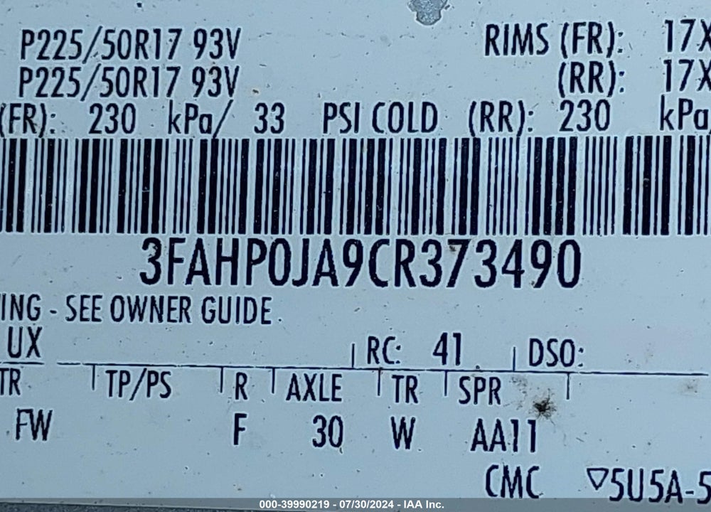 2012 FORD FUSION SEL VIN: 3FAHP0JA9CR373490