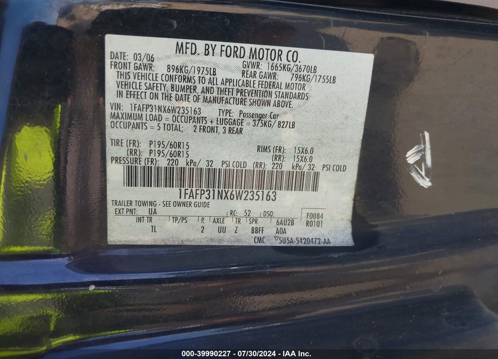 2006 FORD FOCUS ZX3 VIN: 1FAFP31NX6W235163