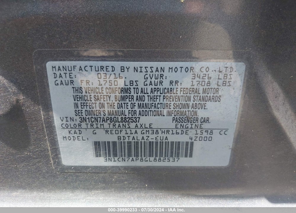2016 NISSAN VERSA 1.6 S+ VIN: 3N1CN7AP8GL882537