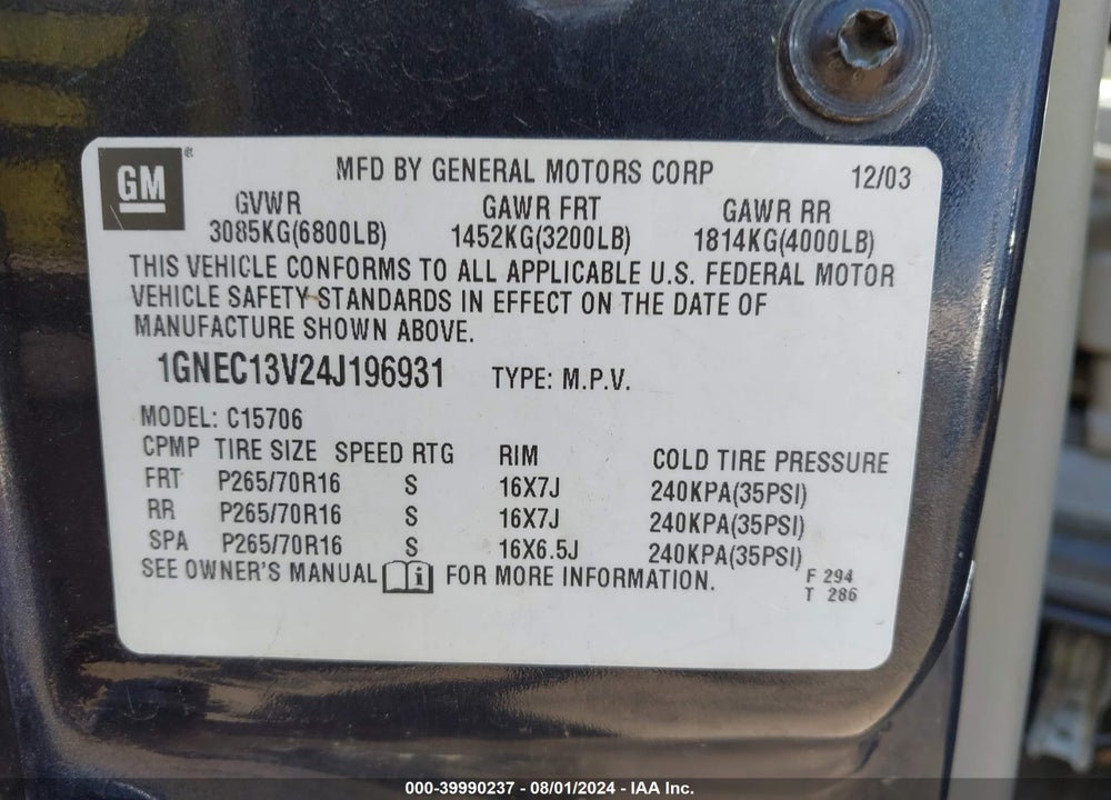 2004 CHEVROLET TAHOE LS VIN: 1GNEC13V24J196931