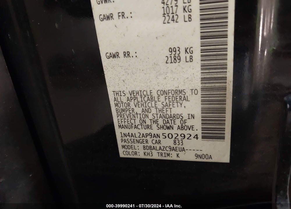 2010 NISSAN ALTIMA 2.5 VIN: 1N4AL2AP9AN502924