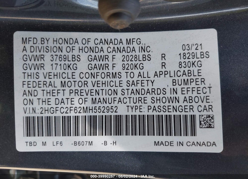 2021 HONDA CIVIC LX VIN: 2HGFC2F62MH552952