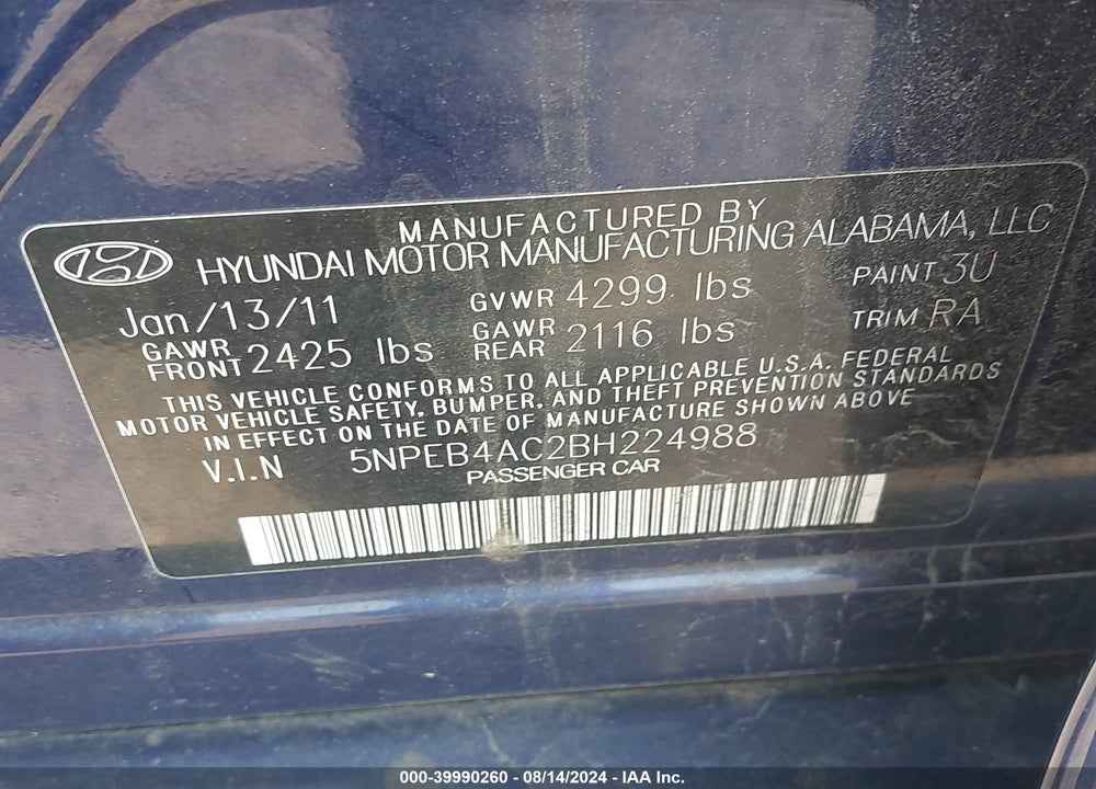 2011 HYUNDAI SONATA GLS VIN: 5NPEB4AC2BH224988