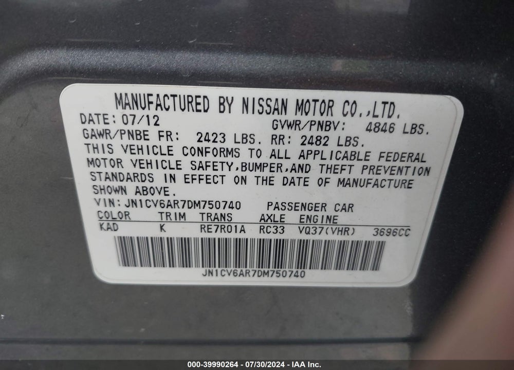 2013 INFINITI G37X VIN: JN1CV6AR7DM750740