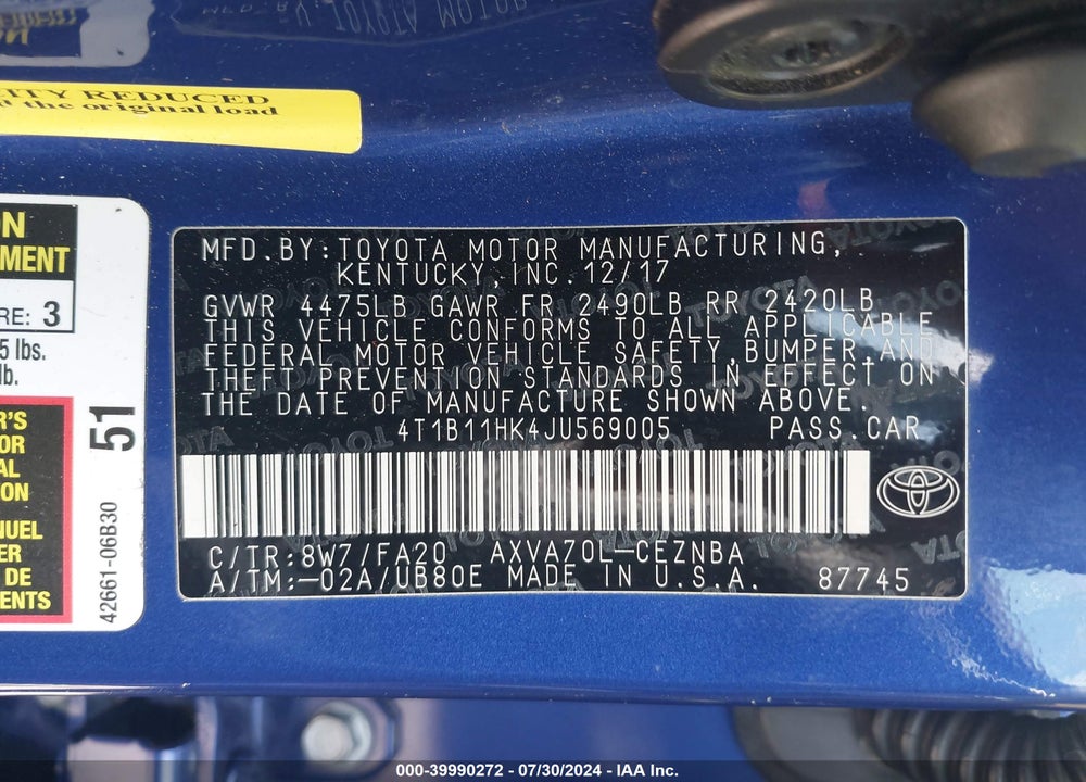 2018 TOYOTA CAMRY LE VIN: 4T1B11HK4JU569005