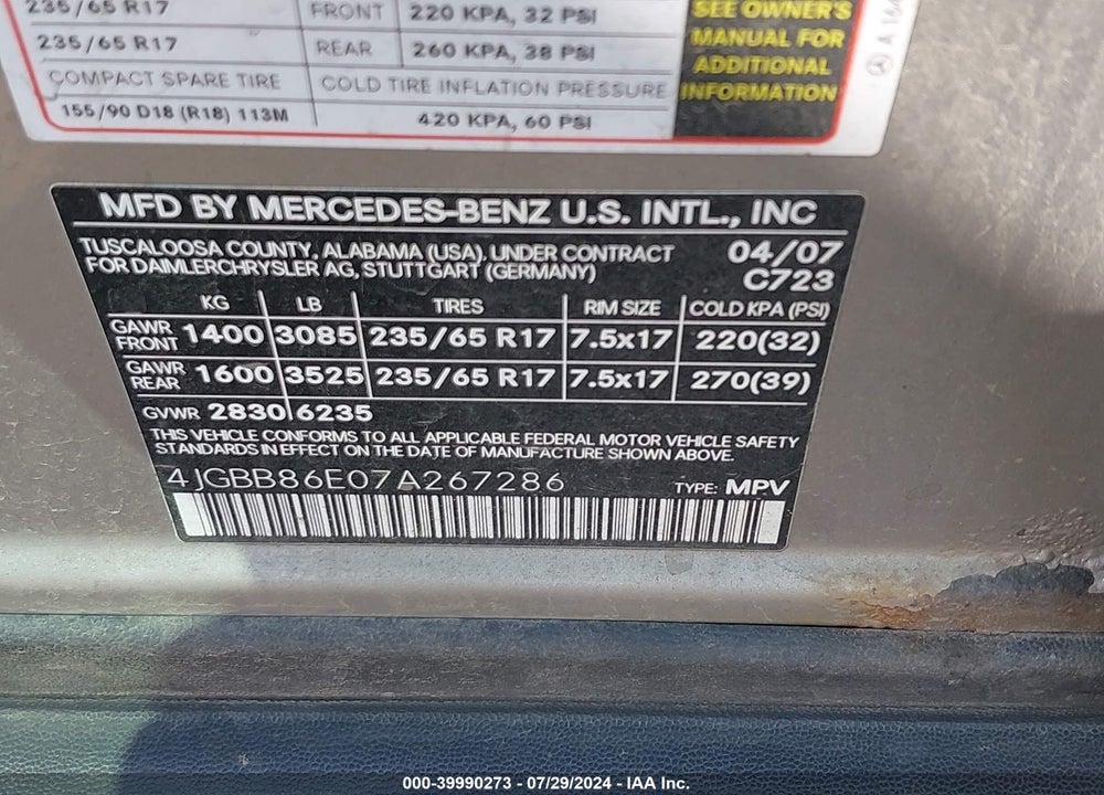 2007 MERCEDES-BENZ ML 350 4MATIC VIN: 4JGBB86E07A267286