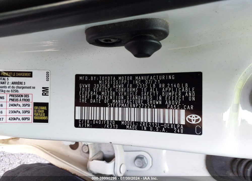 2022 TOYOTA COROLLA LE VIN: 5YFEPMAE6NP272214