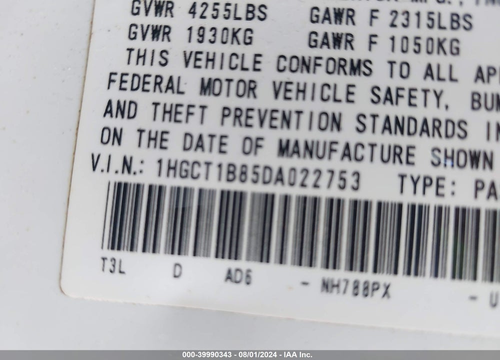 2013 HONDA ACCORD EX-L VIN: 1HGCT1B85DA022753