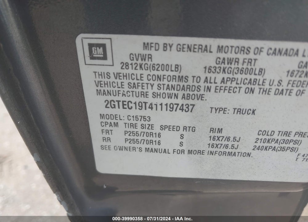 2001 GMC SIERRA 1500 SLE VIN: 2GTEC19T411197437