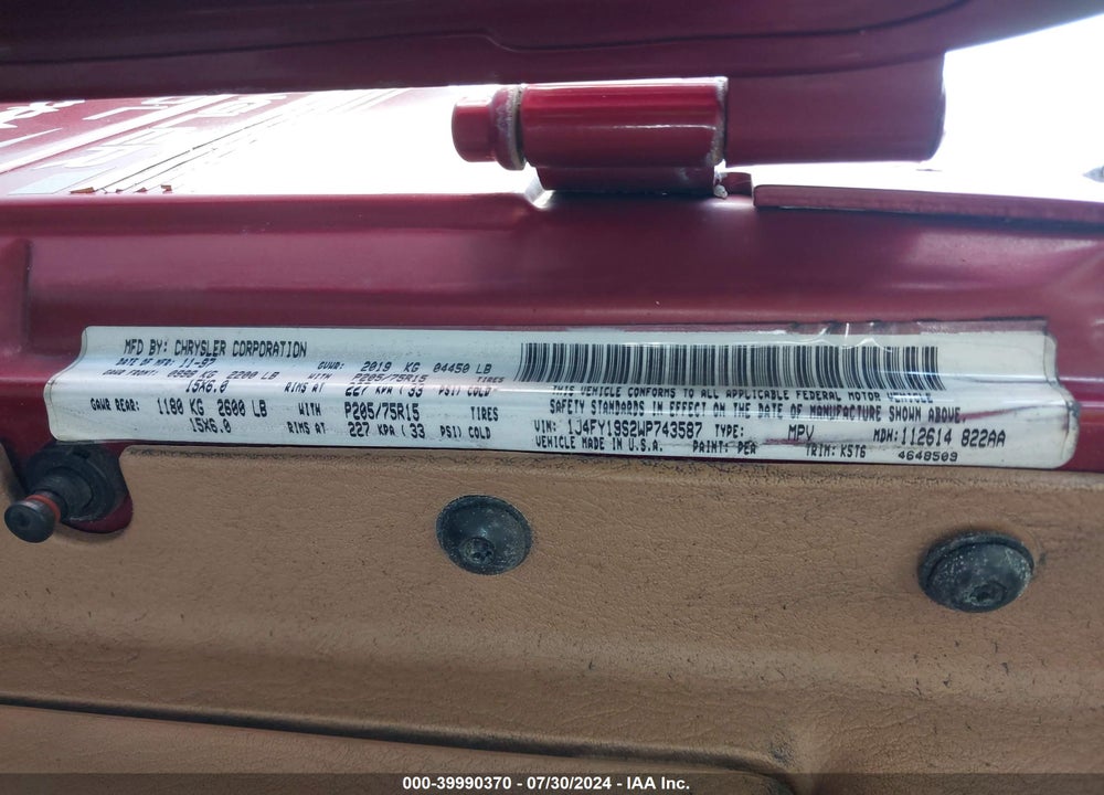 1998 JEEP WRANGLER SPORT VIN: 1J4FY19S2WP743587