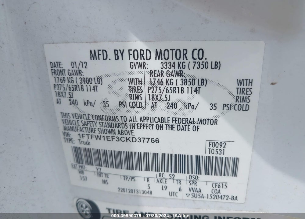 2012 FORD F-150 XLT VIN: 1FTFW1EF3CKD37766