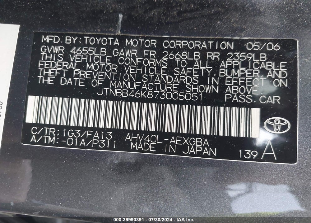 2007 TOYOTA CAMRY HYBRID VIN: JTNBB46K873005051