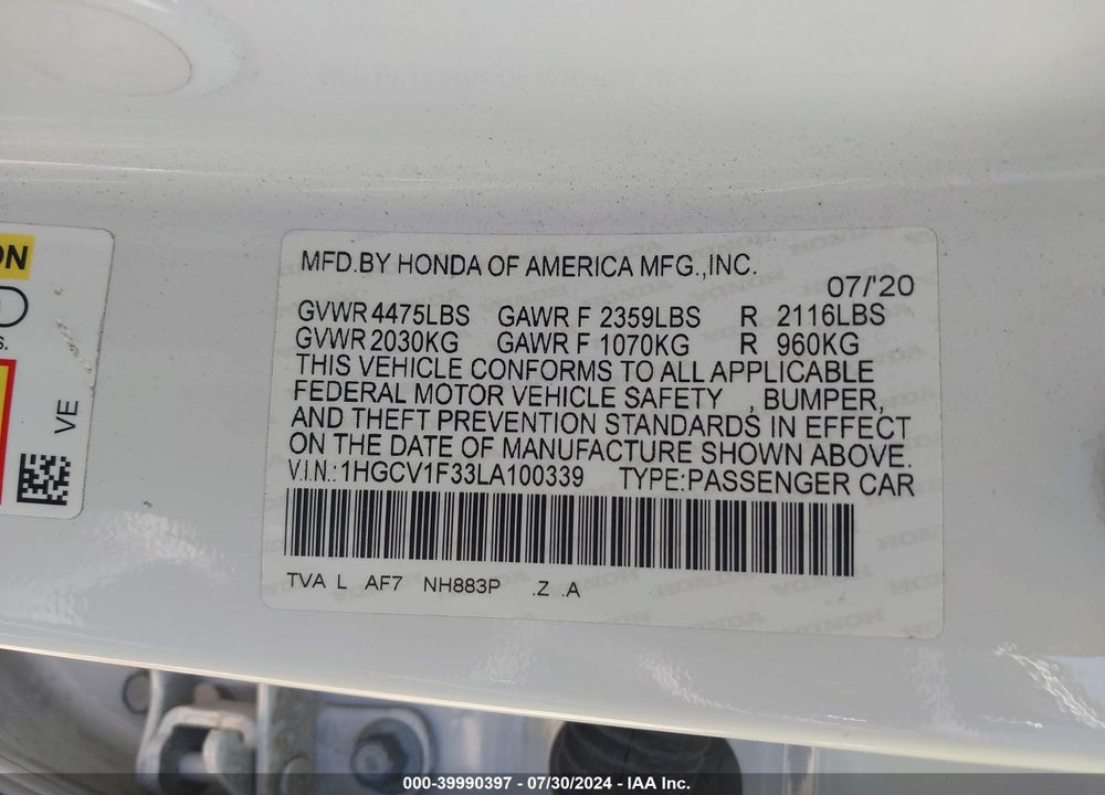 2020 HONDA ACCORD SPORT VIN: 1HGCV1F33LA100339
