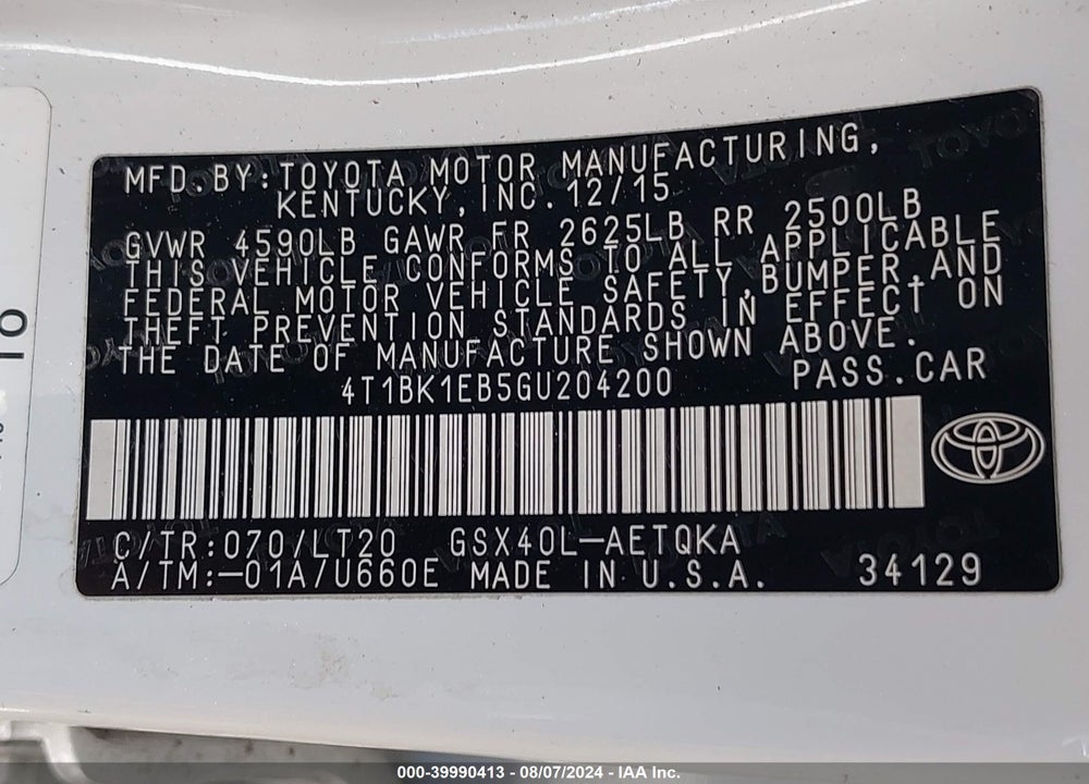 2016 TOYOTA AVALON TOURING VIN: 4T1BK1EB5GU204200