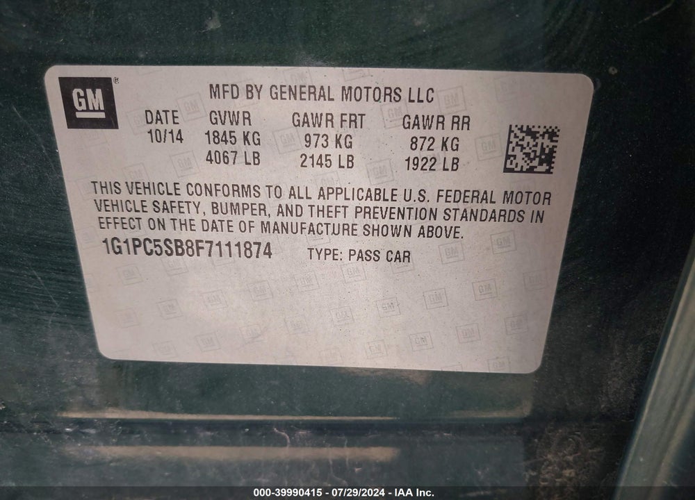 2015 CHEVROLET CRUZE 1LT AUTO VIN: 1G1PC5SB8F7111874