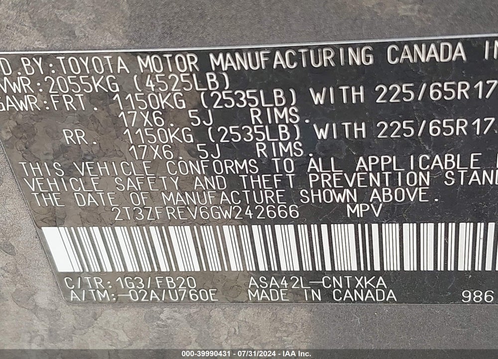2016 TOYOTA RAV4 LE VIN: 2T3ZFREV6GW242666
