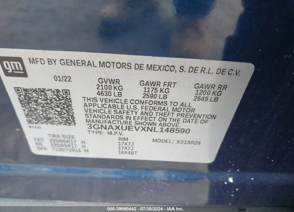 2022 CHEVROLET EQUINOX AWD LT VIN: 3GNAXUEVXNL148590