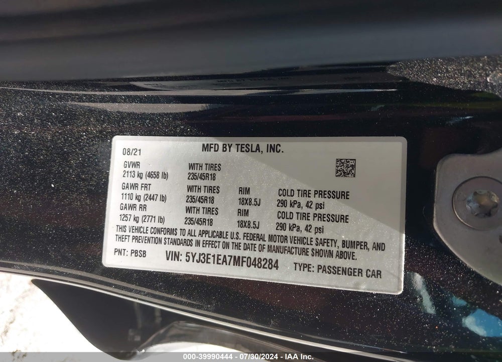 2021 TESLA MODEL 3 STANDARD RANGE PLUS REAR-WHEEL DRIVE VIN: 5YJ3E1EA7MF048284