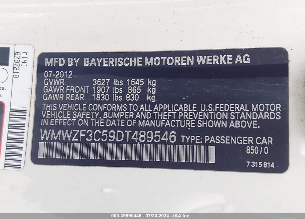 2013 MINI CLUBMAN COOPER VIN: WMWZF3C59DT489546
