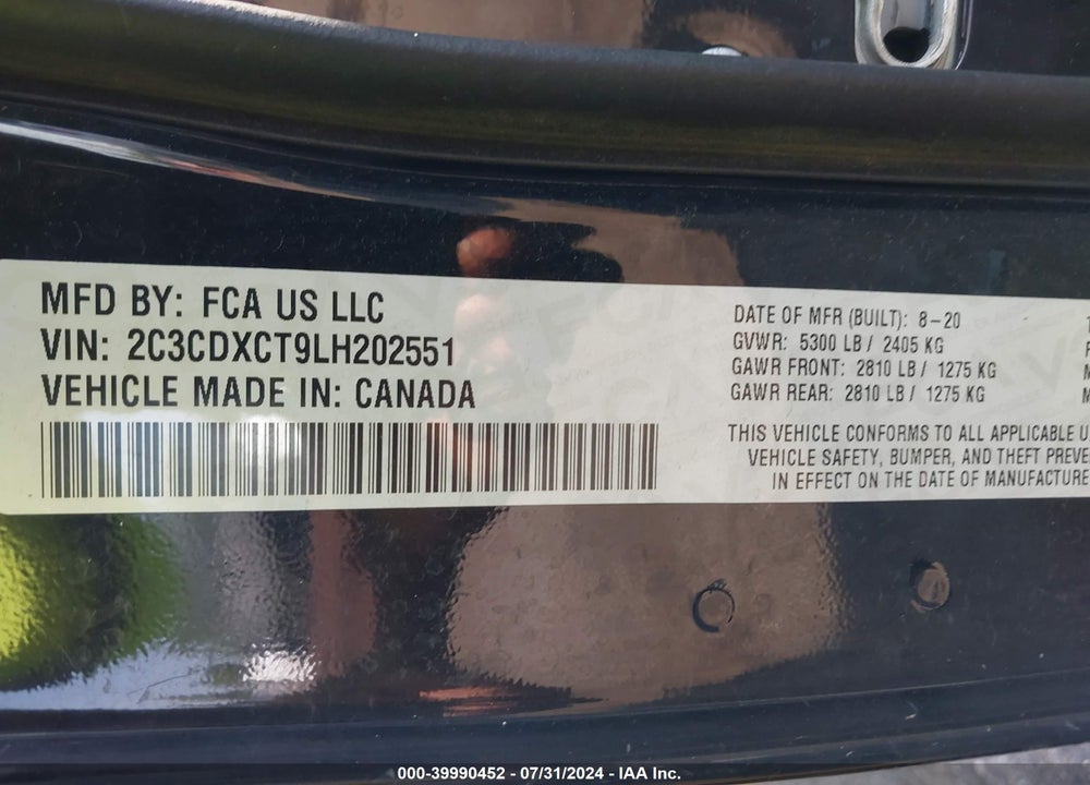 2020 DODGE CHARGER R/T RWD VIN: 2C3CDXCT9LH202551