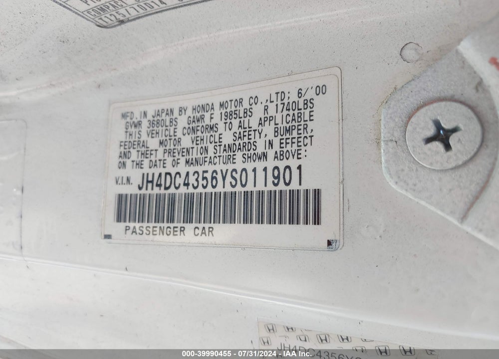 2000 ACURA INTEGRA LS VIN: JH4DC4356YS011901
