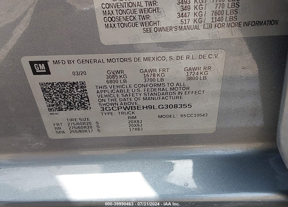 2020 CHEVROLET SILVERADO 1500 VIN: 3GCPWBEH9LG308355