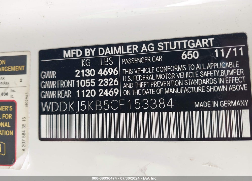 2012 MERCEDES-BENZ E 350 VIN: WDDKJ5KB5CF153384