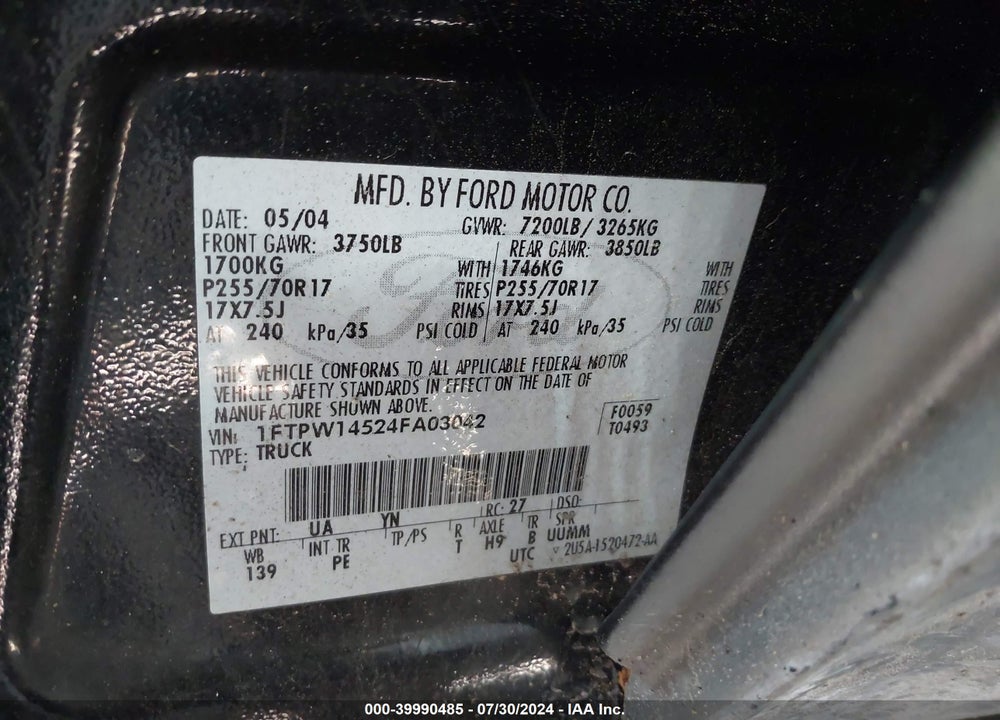 2004 FORD F-150 FX4/LARIAT/XLT VIN: 1FTPW14524FA03042