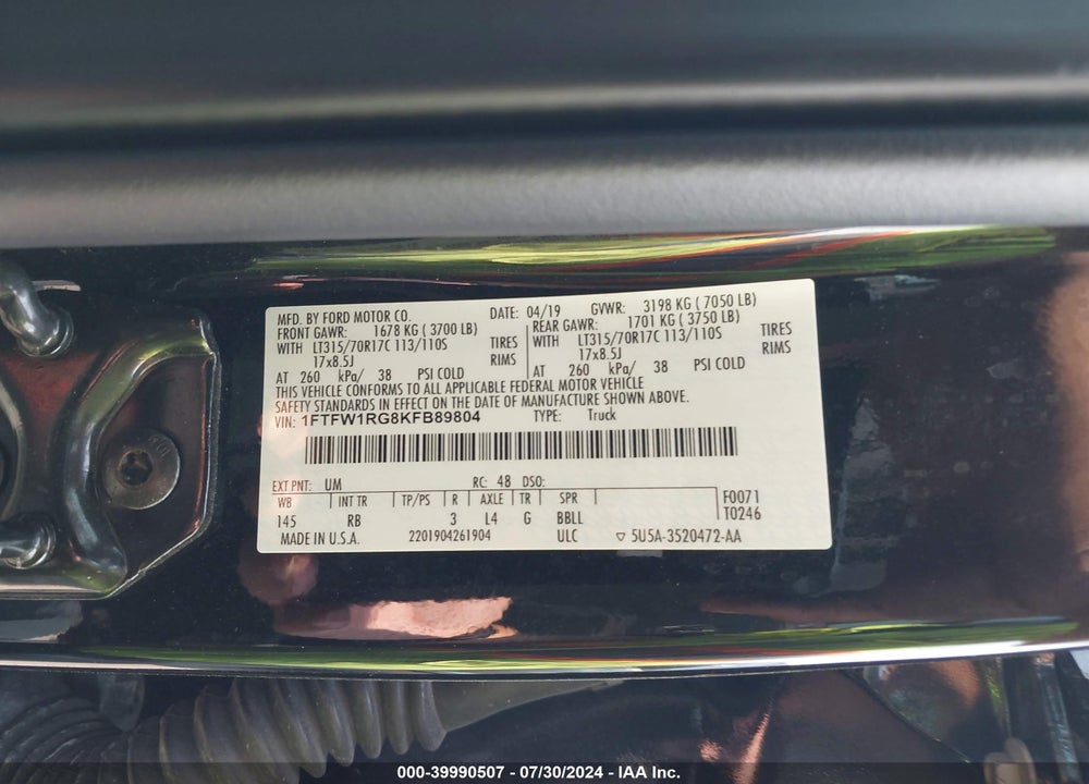 2019 FORD F-150 RAPTOR VIN: 1FTFW1RG8KFB89804