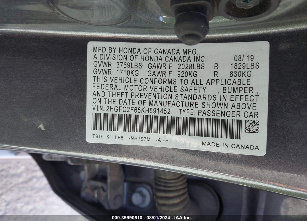 2019 HONDA CIVIC LX VIN: 2HGFC2F65KH591452