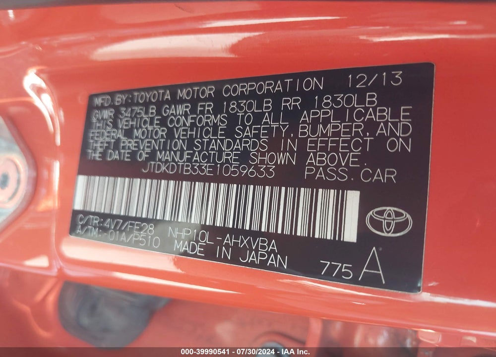 2014 TOYOTA PRIUS C ONE VIN: JTDKDTB33E1059633
