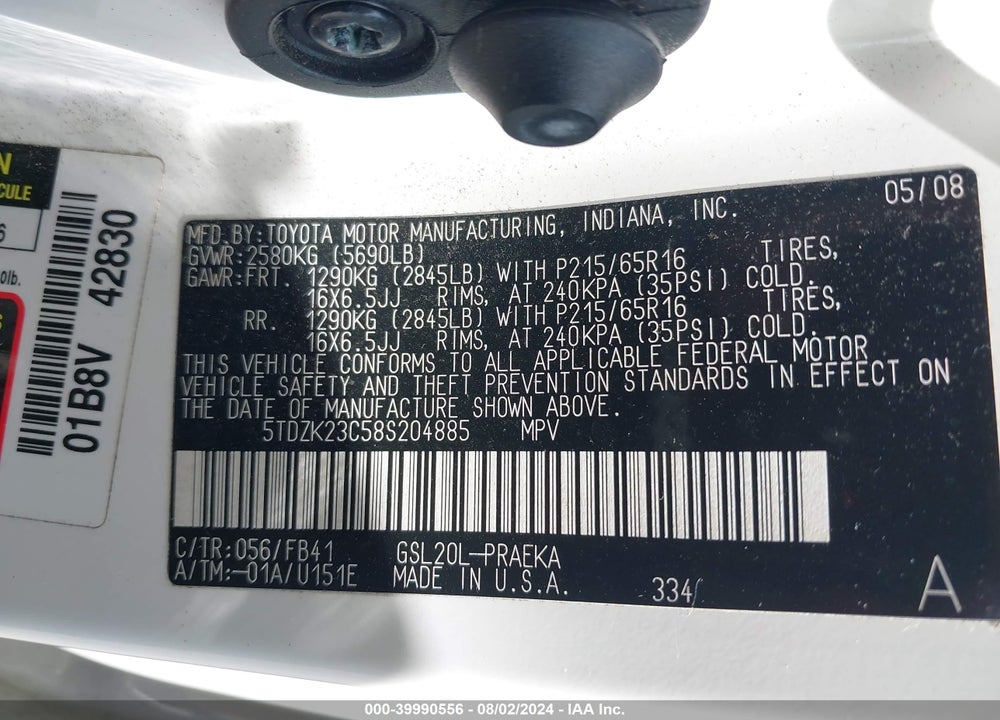 2008 TOYOTA SIENNA CE VIN: 5TDZK23C58S204885