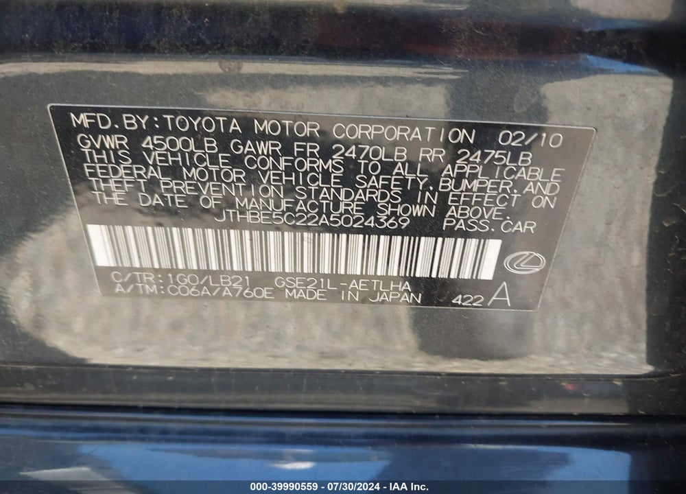 2010 LEXUS IS 350 VIN: JTHBE5C22A5024369