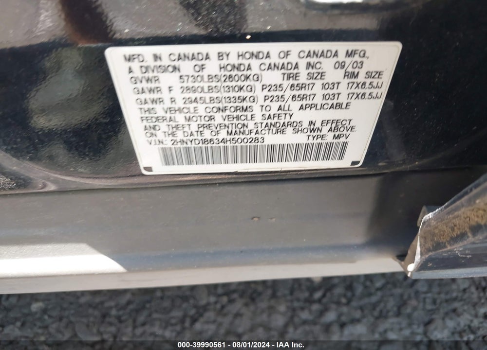 2004 ACURA MDX VIN: 2HNYD18634H500283