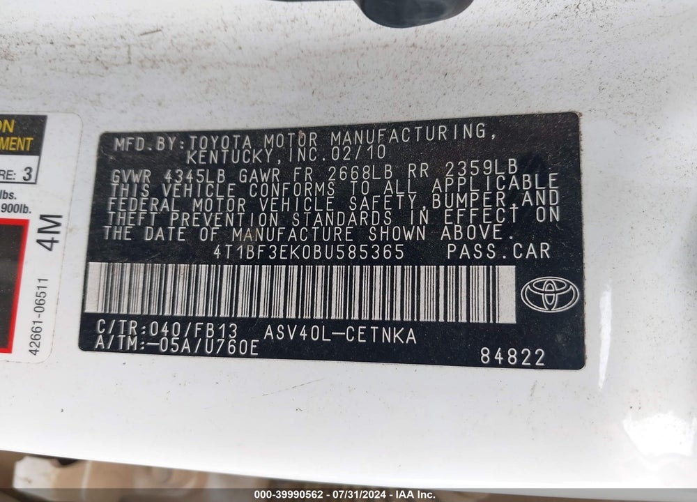 2011 TOYOTA CAMRY LE VIN: 4T1BF3EK0BU585365